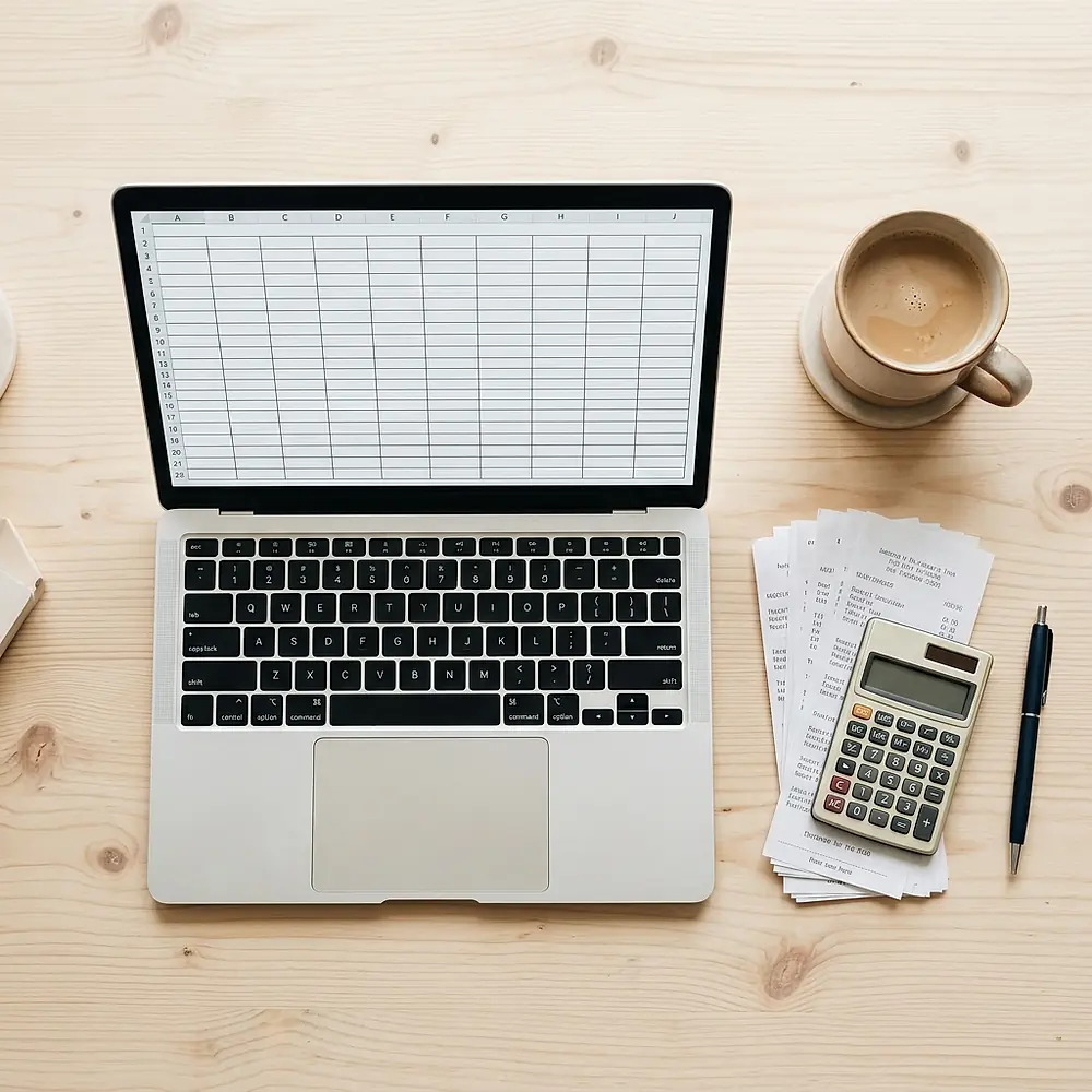 A laptop, a calculator and a stack of receipts laid out on a desk