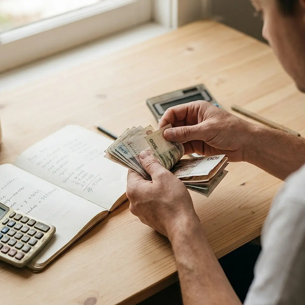 Hands counting wages at a desk beside a calculator