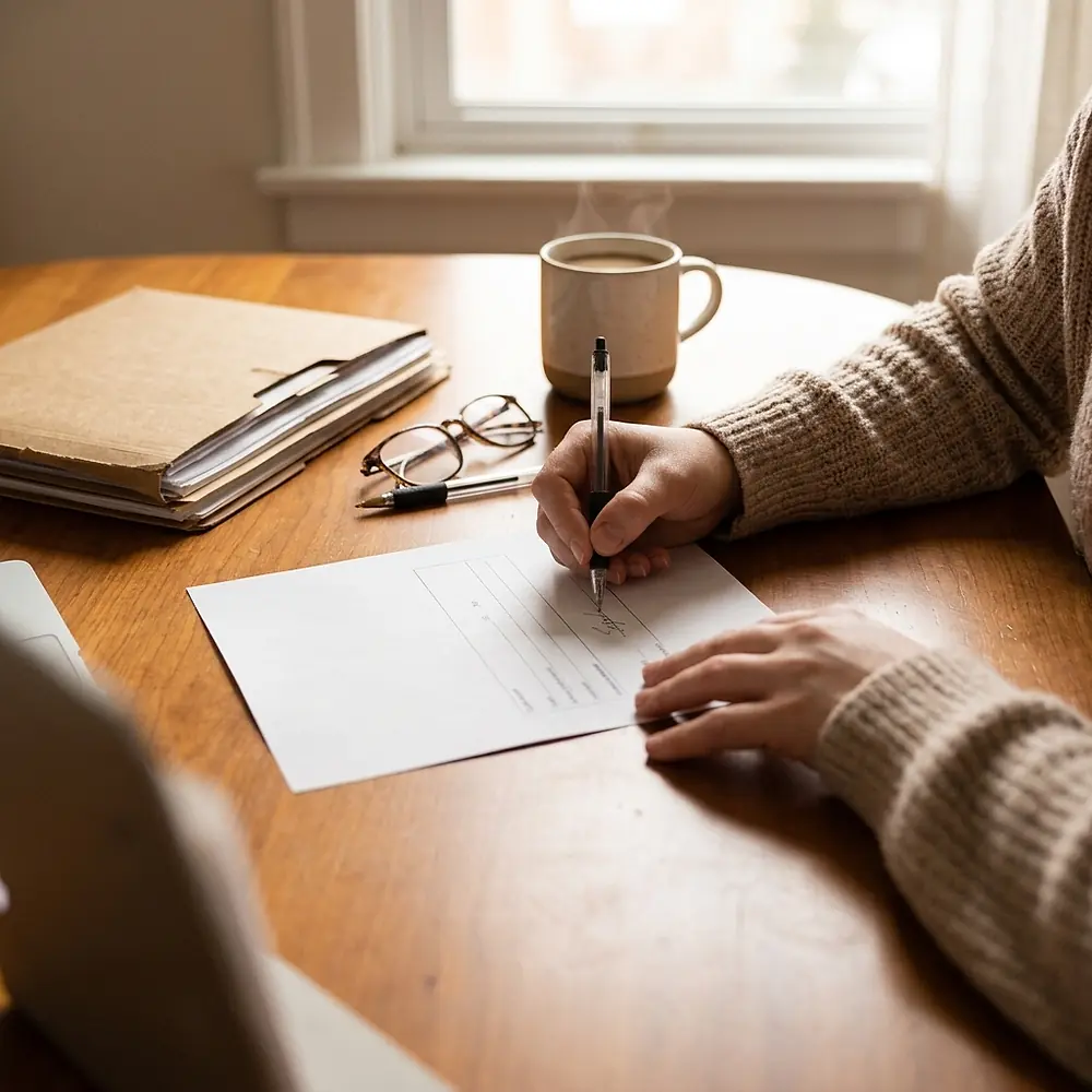 A tax return being signed at a desk with a cup of coffee beside it