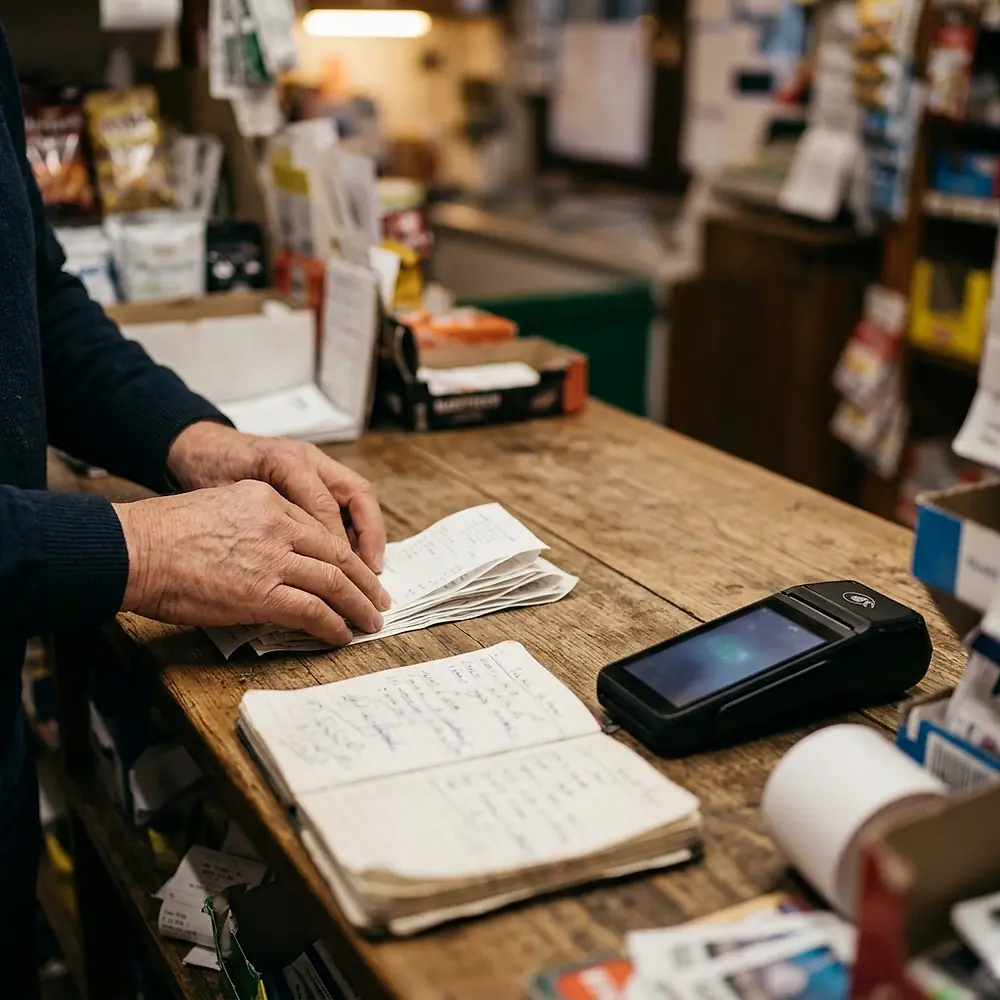A shopkeeper sorting receipts at a shop counter