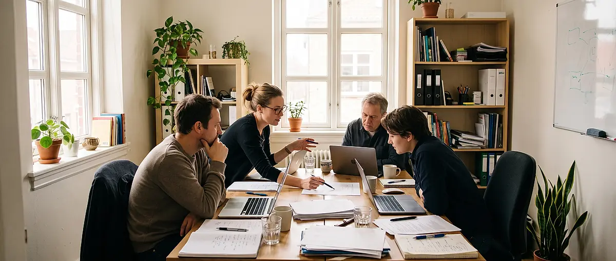 Four people working through the accounts together around a table