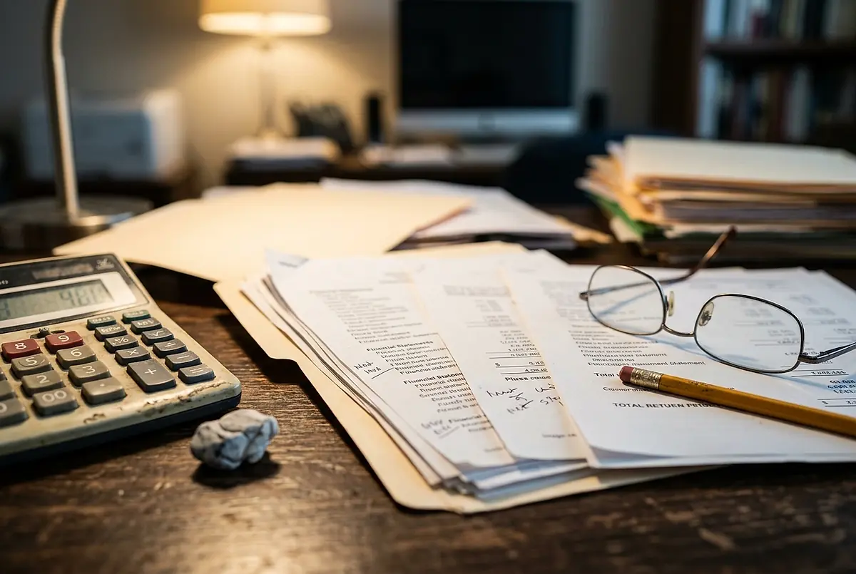 A calculator and a folder of paperwork on an accountant's desk