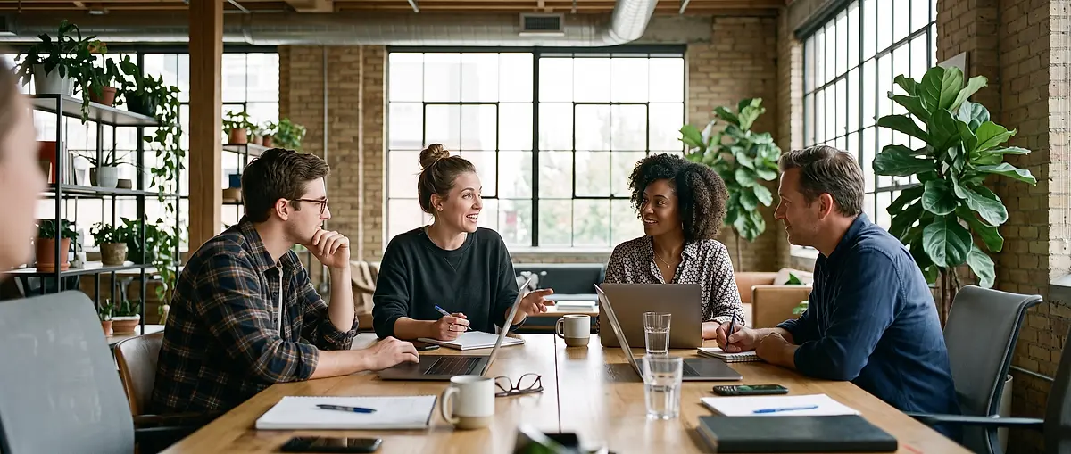 A small team working together around a table in a bright office