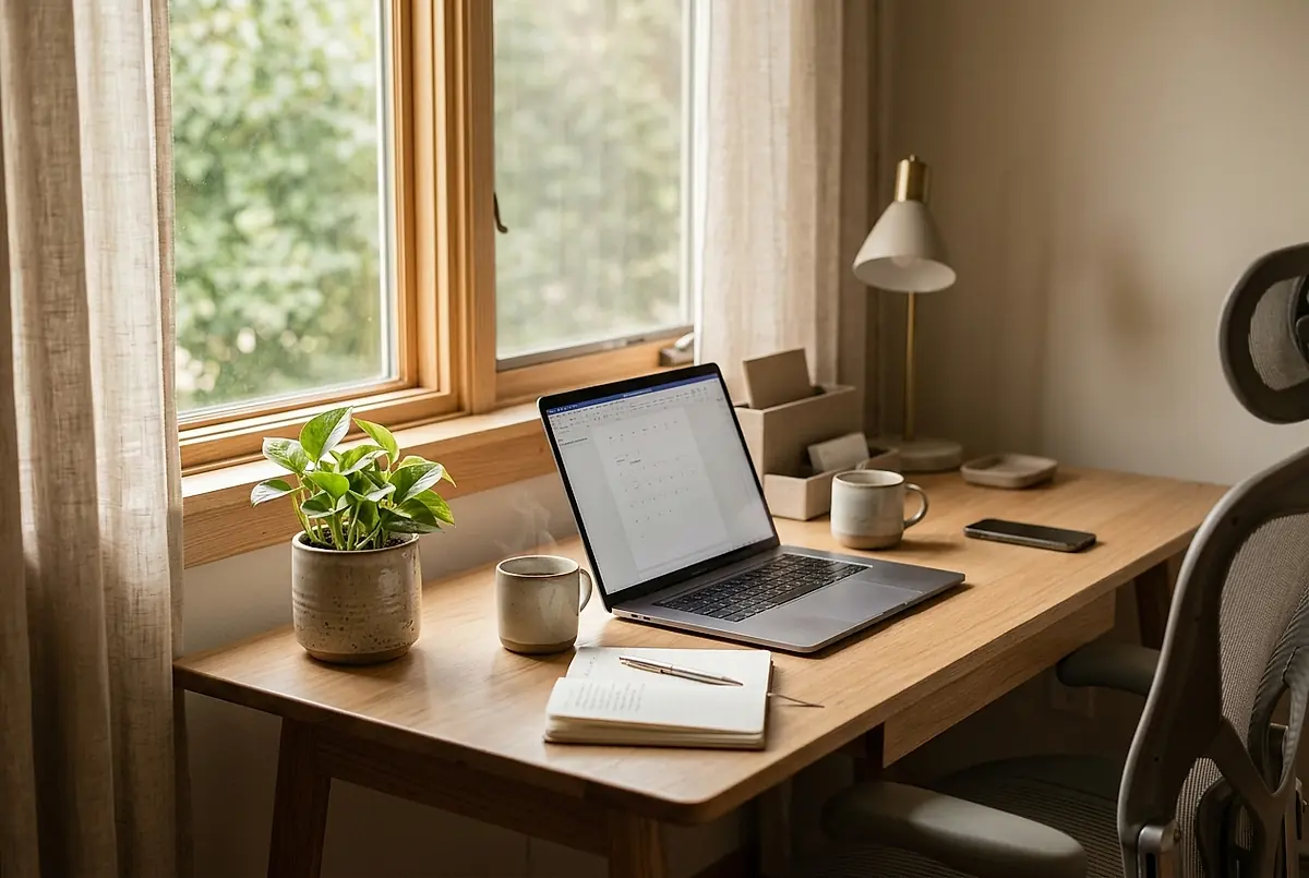 A tidy desk by a window with a laptop and a notebook