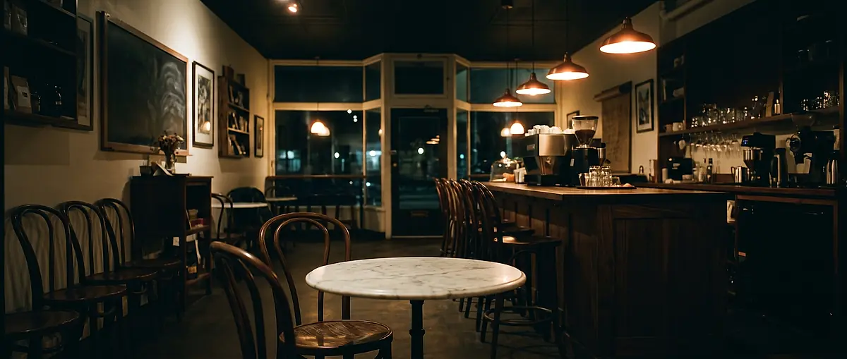 The dining room at night, lit by pendant lamps above the espresso bar.