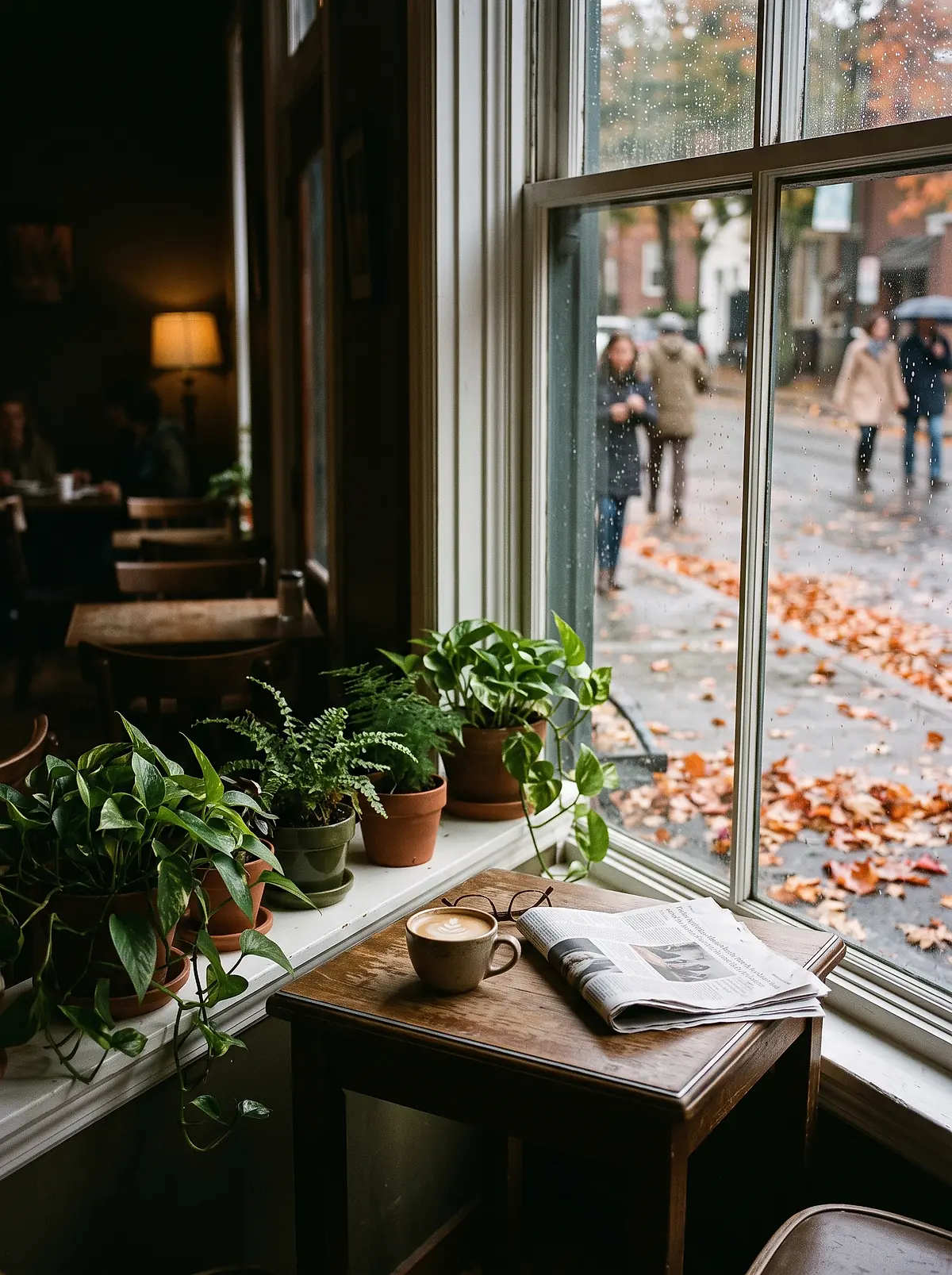 A mug and a newspaper on a table at the window, with maple leaves on the street outside.