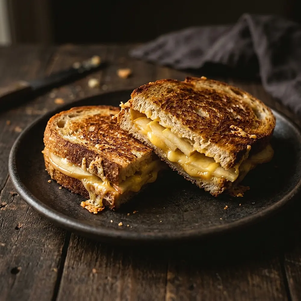 A cheddar and apple grilled cheese cut in half on a dark plate.
