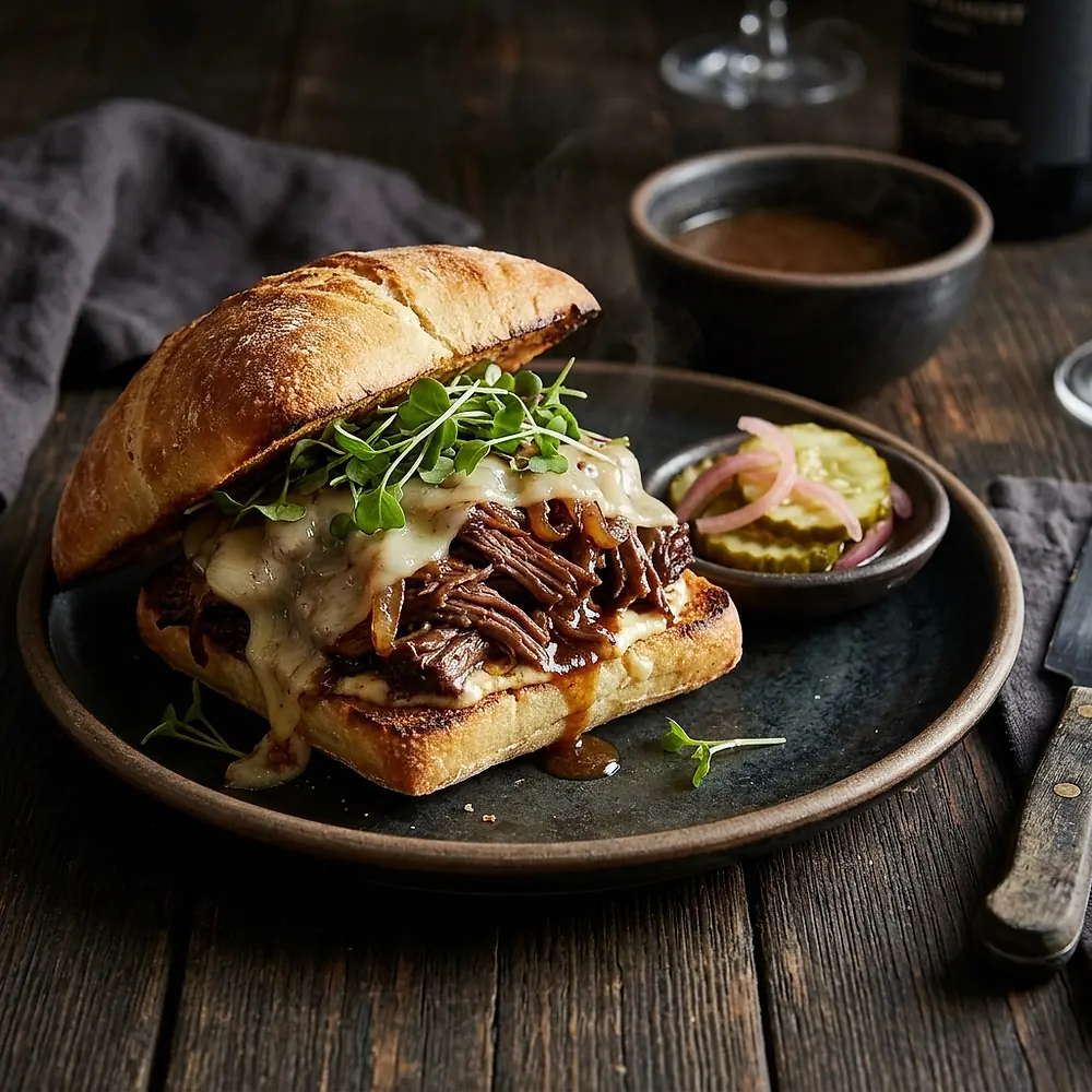 A braised short rib sandwich on a dark plate with pickles.