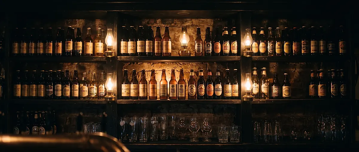 Shelves of beer and cider bottles behind the bar, lit by small lamps.
