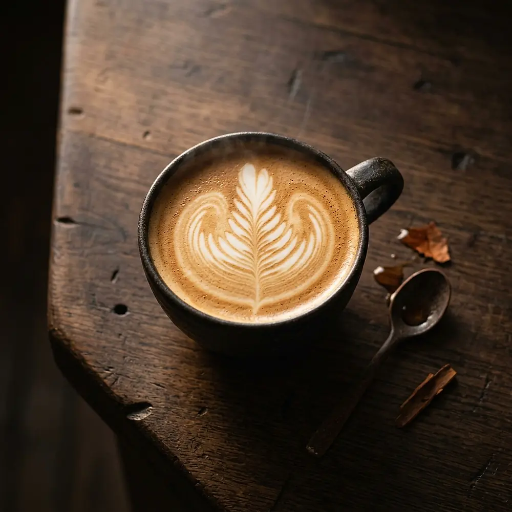 A maple latte in a dark cup, seen from above.