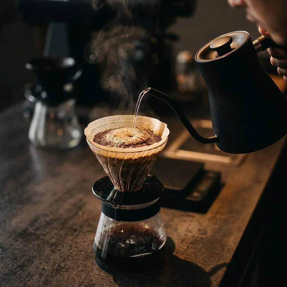 Water poured from a gooseneck kettle into a pour-over dripper.