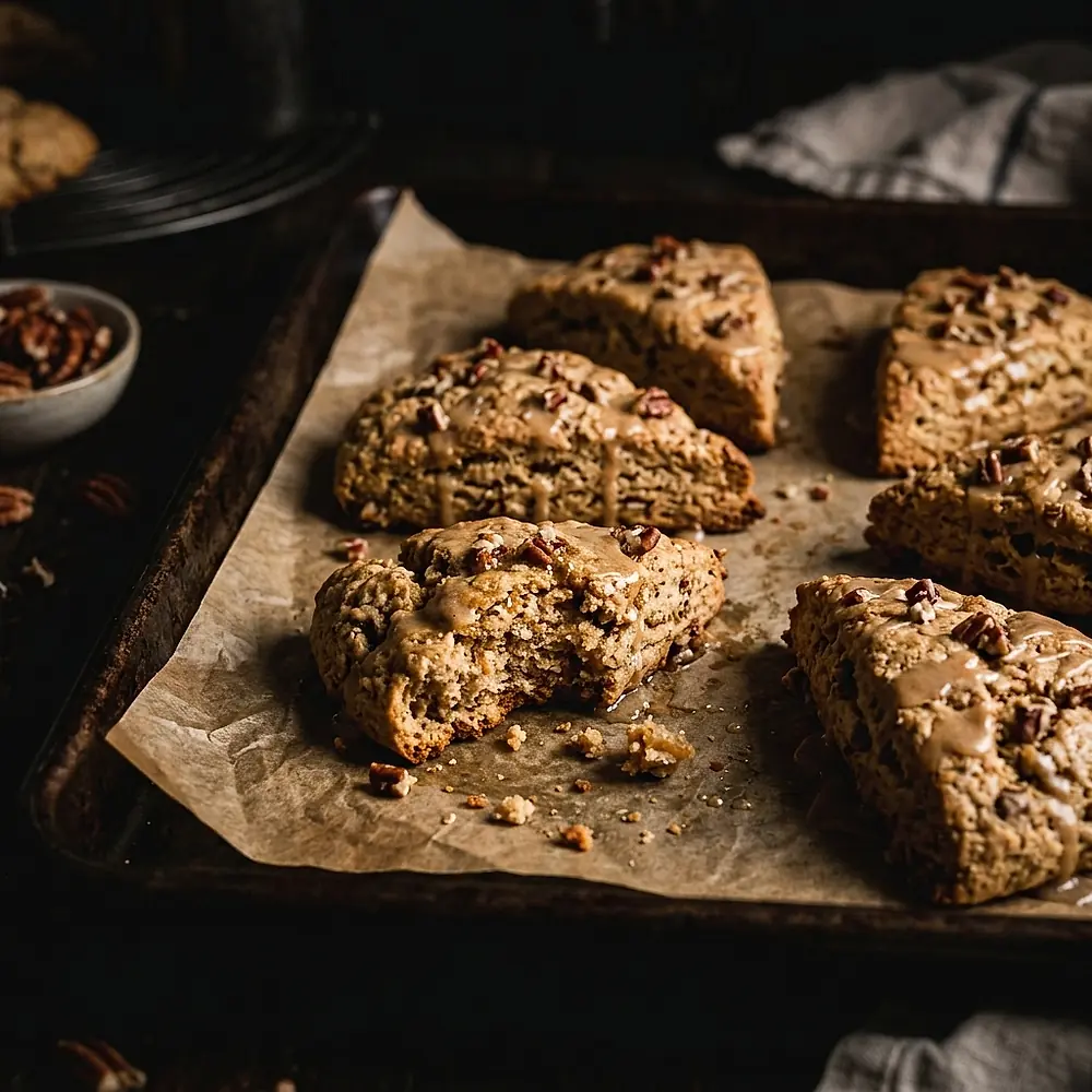 Maple pecan scones on a baking tray.