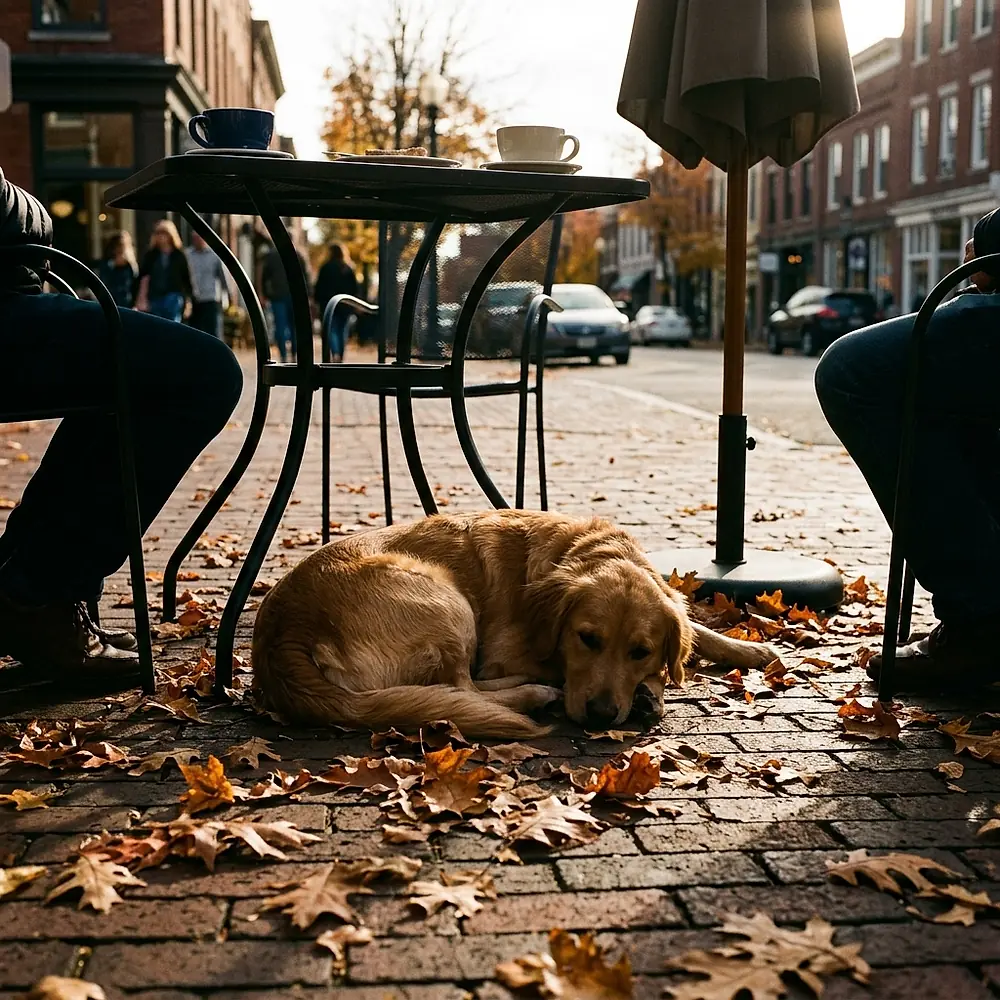 A dog lying under a table on the patio, with two coffee cups above.