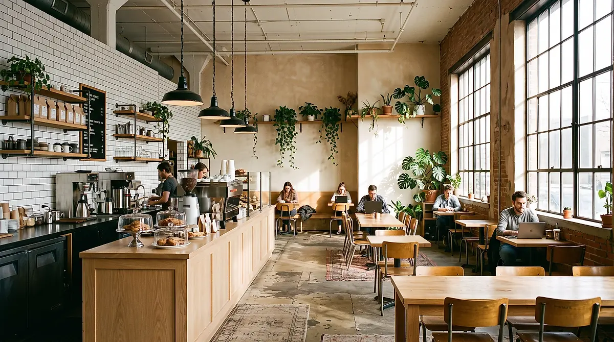The dining room at Saltmarsh Café in the morning light, with wooden tables and the espresso bar along the wall