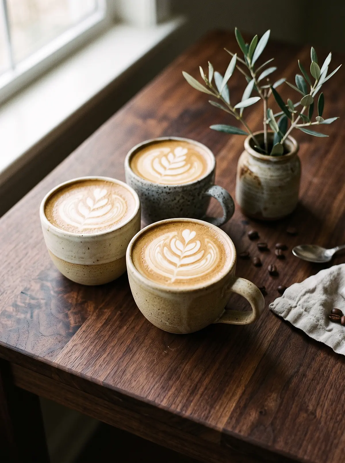 Three lattes with rosetta latte art on a wooden table