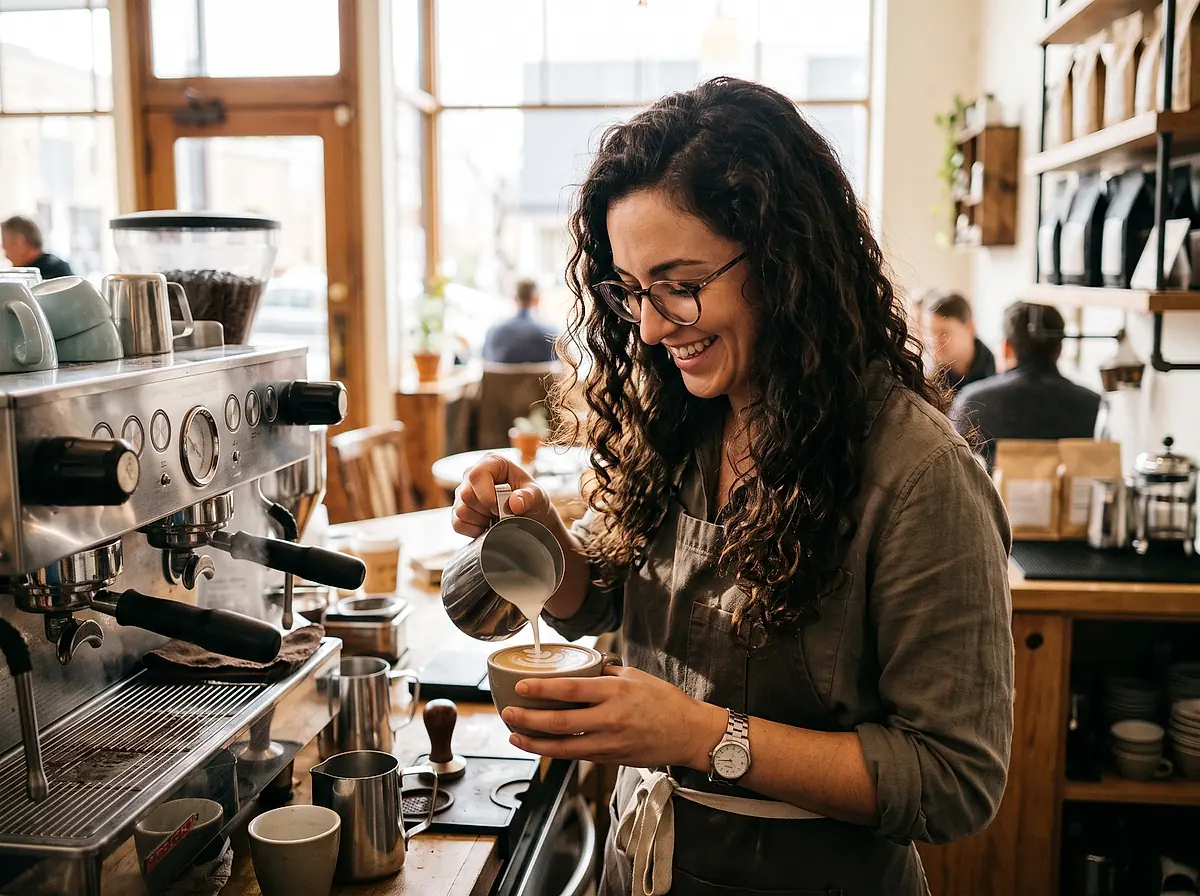 A barista pouring steamed milk into a cup at the espresso machine