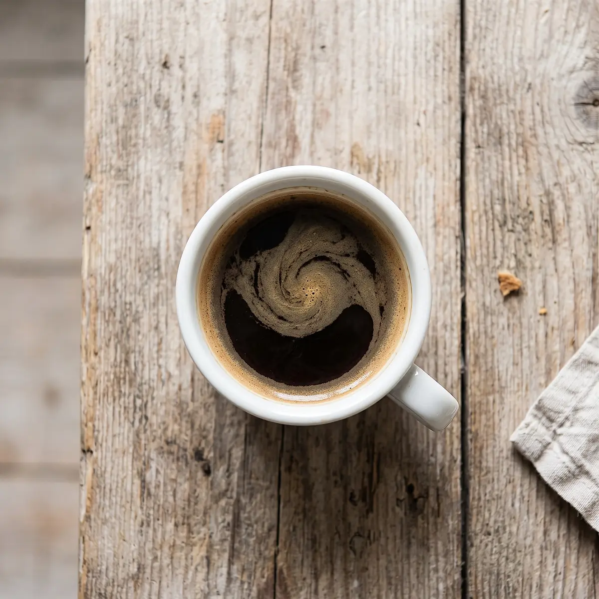 A cup of black coffee on a wooden table