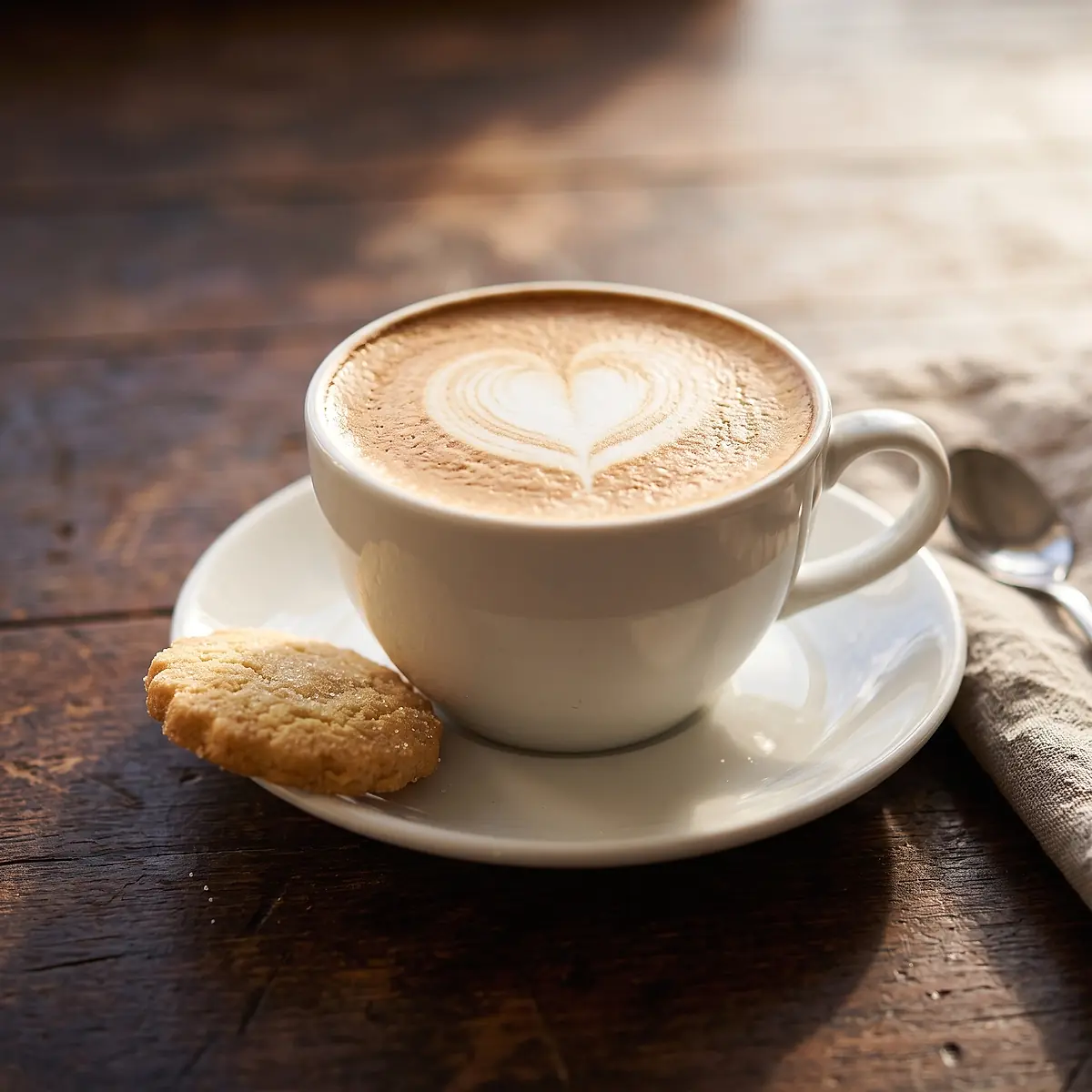 A cappuccino and a biscuit on a wooden table