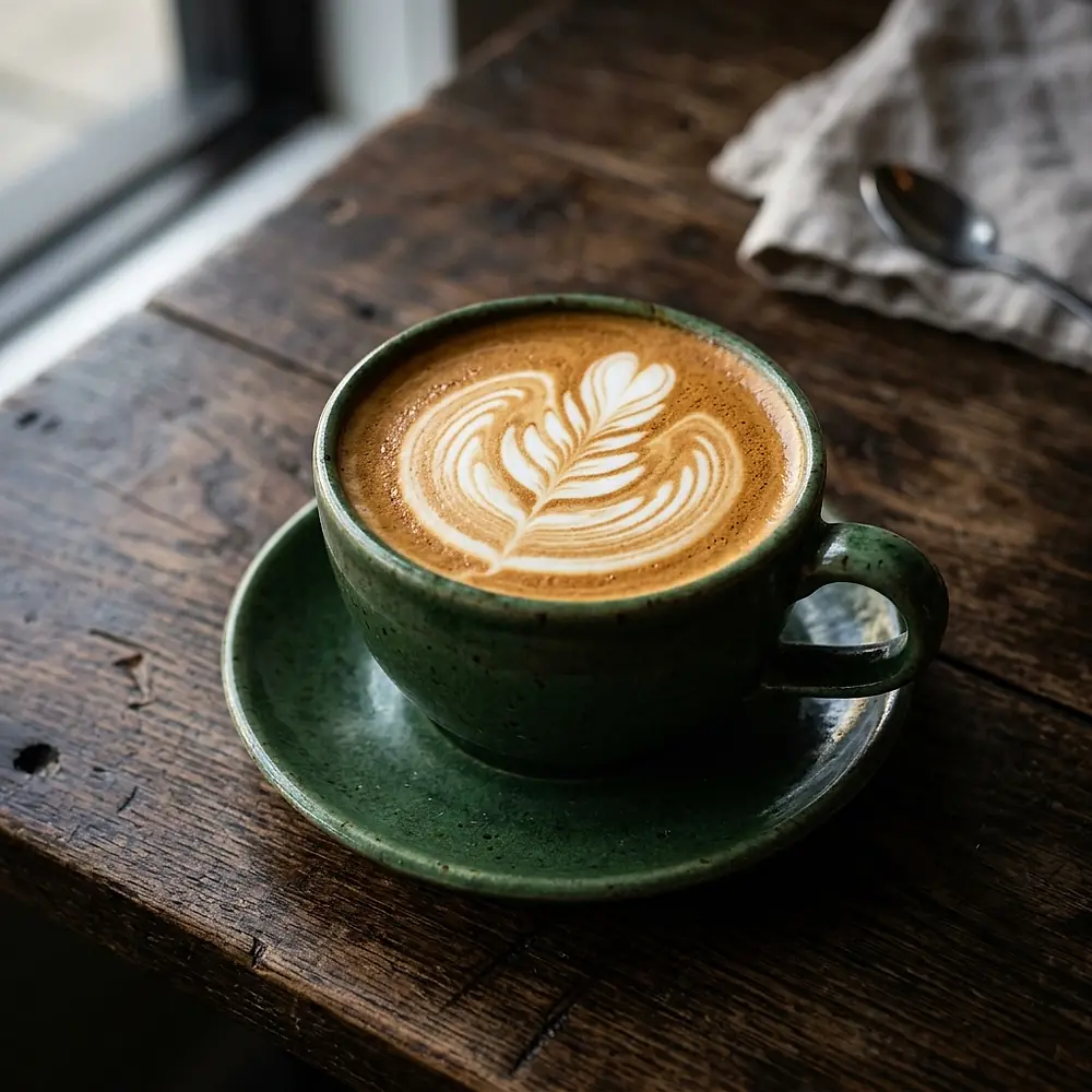 A latte in a green cup on a dark wooden table