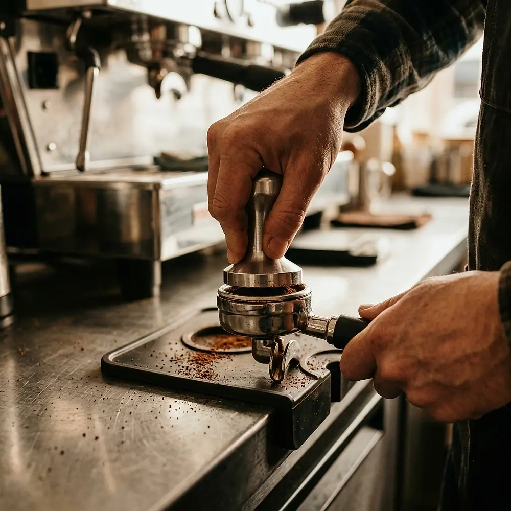 Hands tamping ground coffee in a portafilter