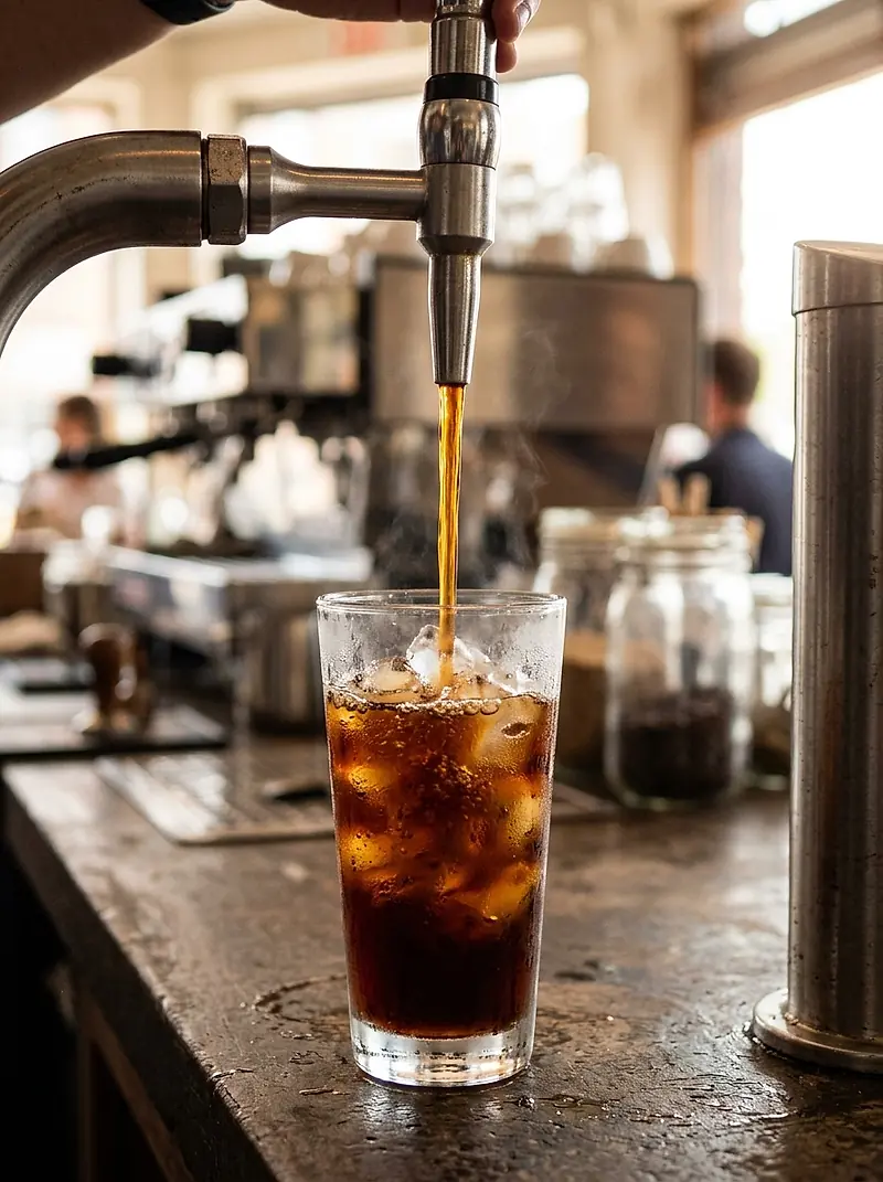 Cold brew poured from the tap into a glass of ice
