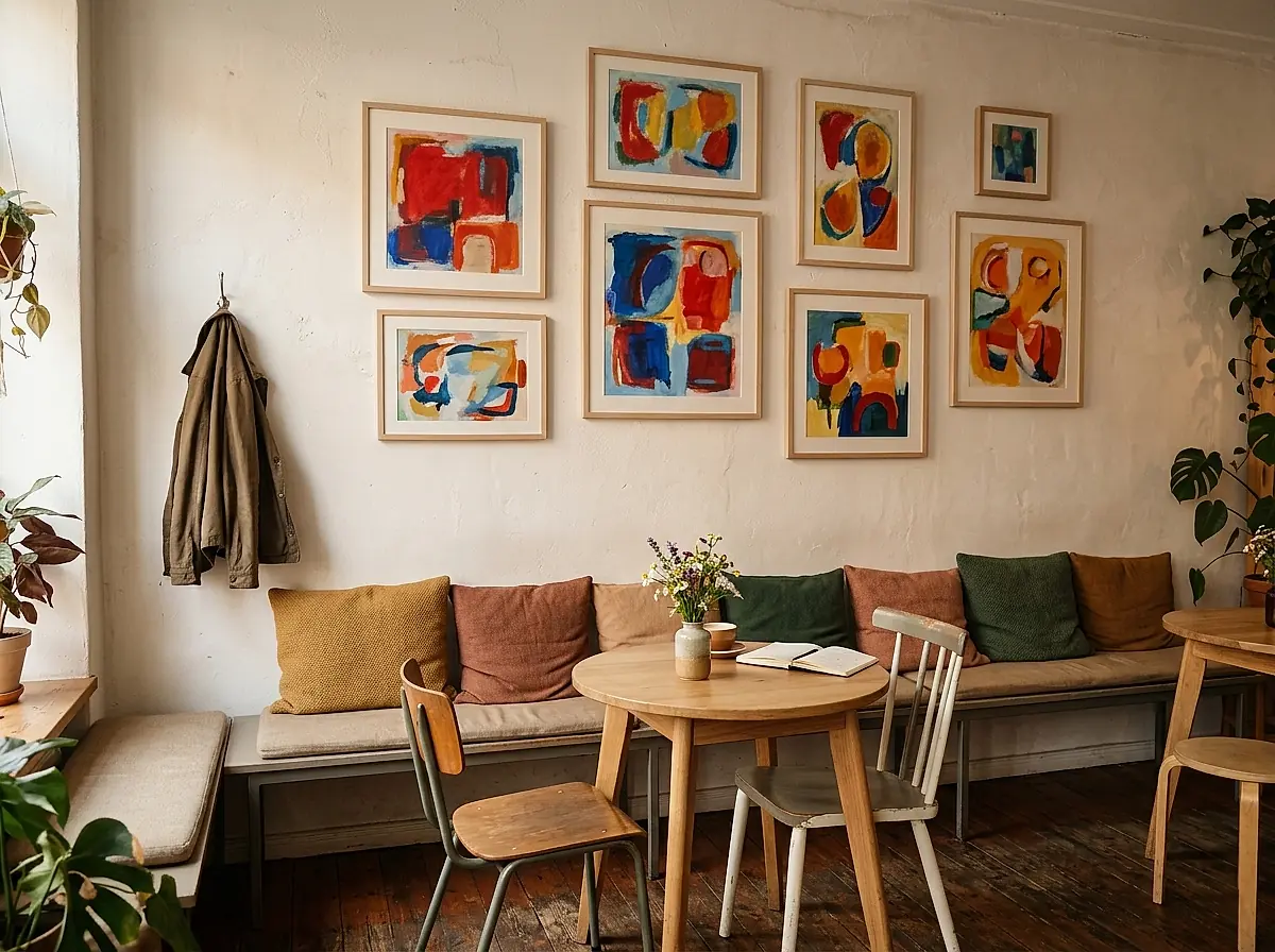 Framed paintings hung above a bench in the café