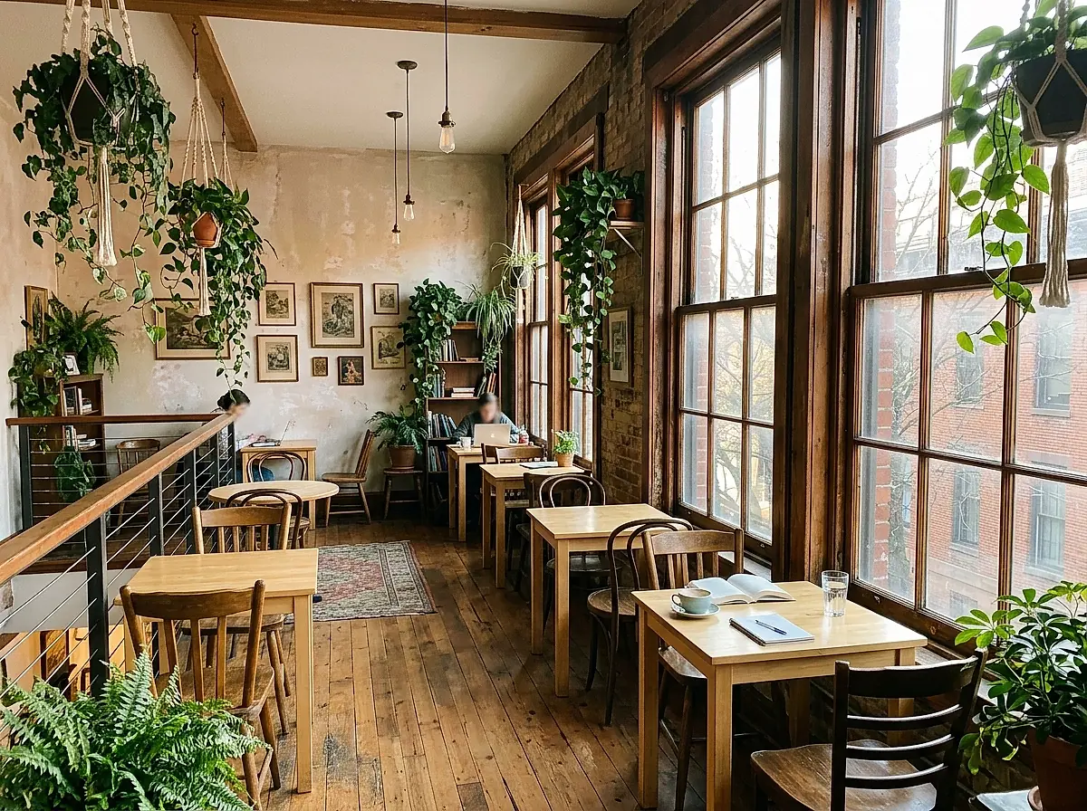 Small tables and plants in the upstairs room