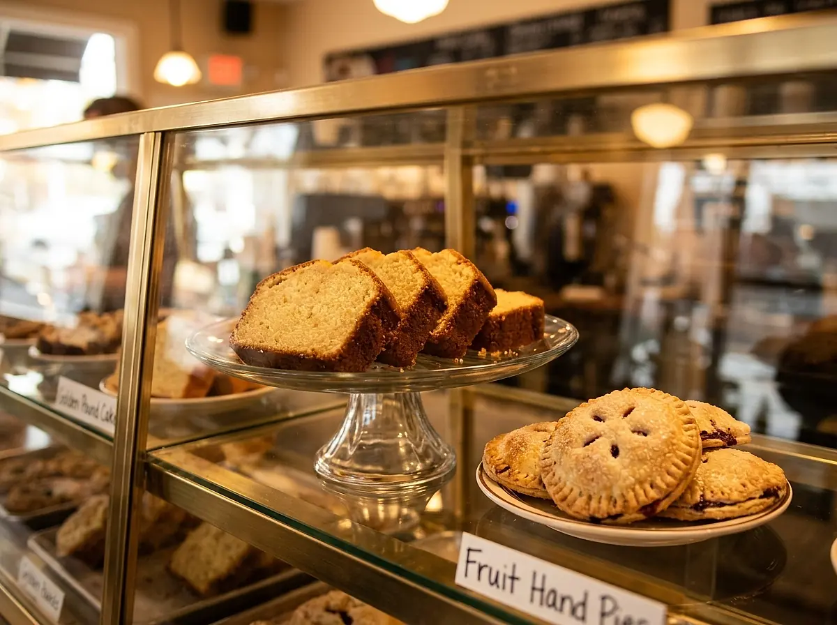 Hand pies and pound cake in the bakery case