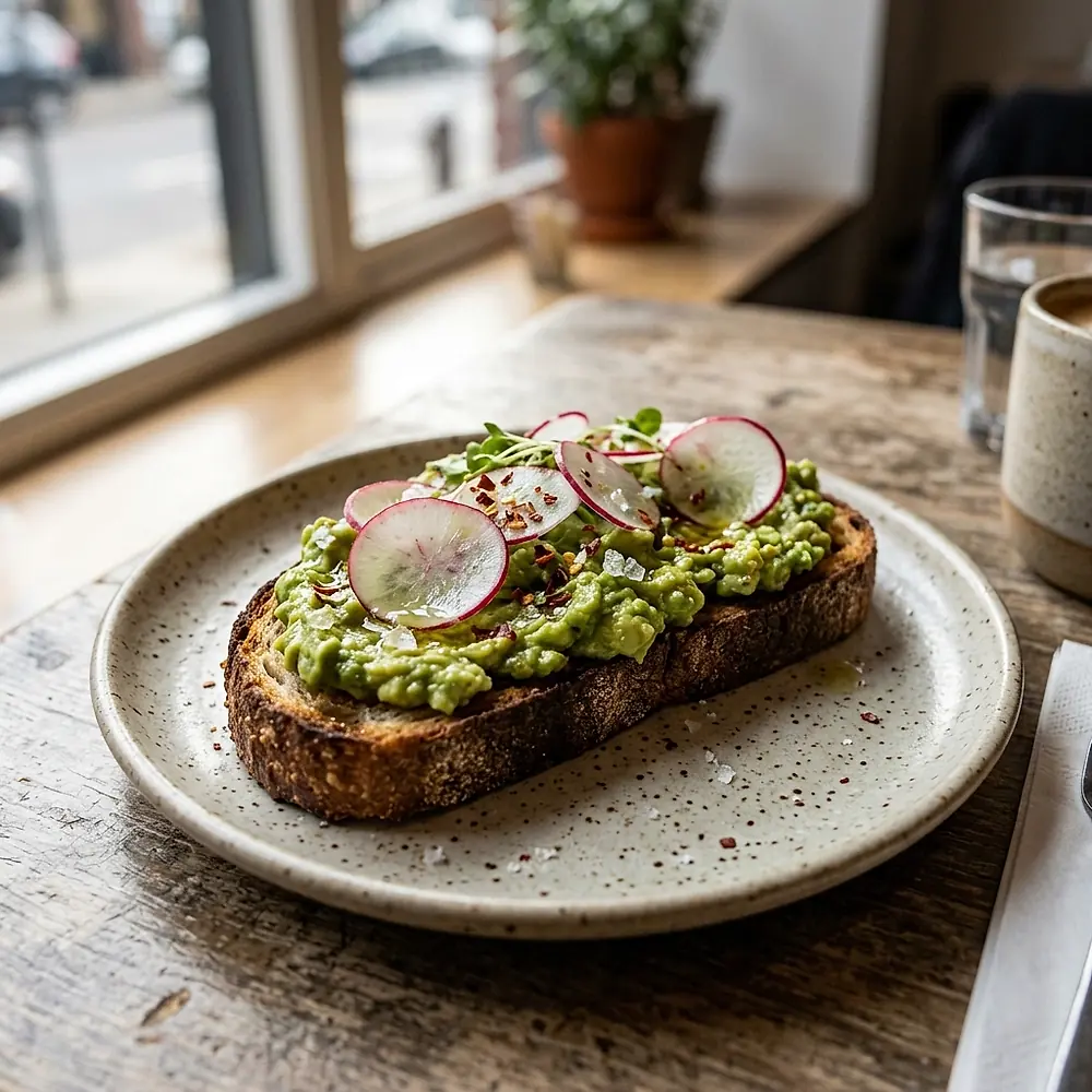 Avocado toast with radish on thick sourdough