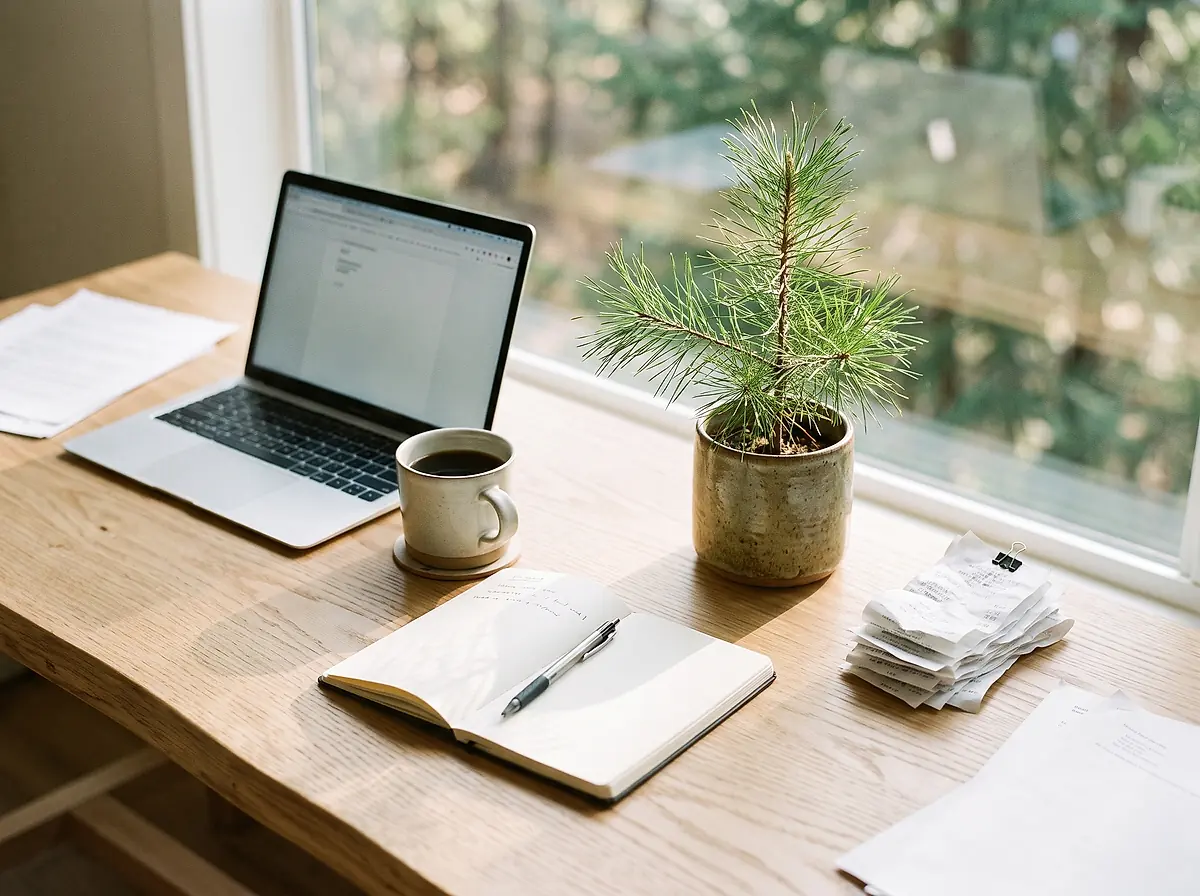 A tidy desk with a laptop, a mug of coffee, a notebook and a small potted pine beside a window.