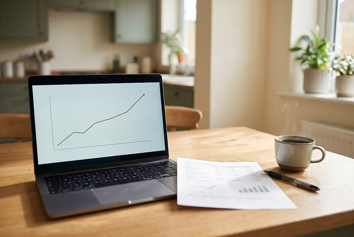 A laptop showing a line chart on a table beside a mug and a pen.