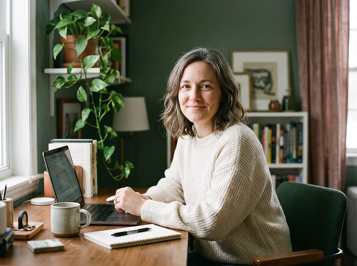 A bookkeeper working at a desk with a laptop in a bright home office.