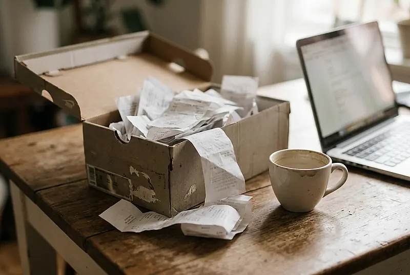 A box of paper receipts beside a laptop and a mug of coffee.