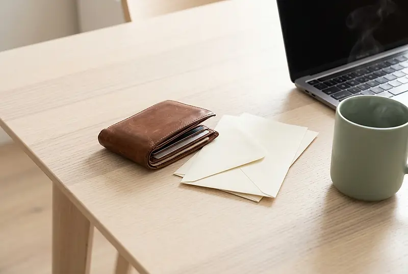 A wallet, envelopes and a laptop laid out on a desk.