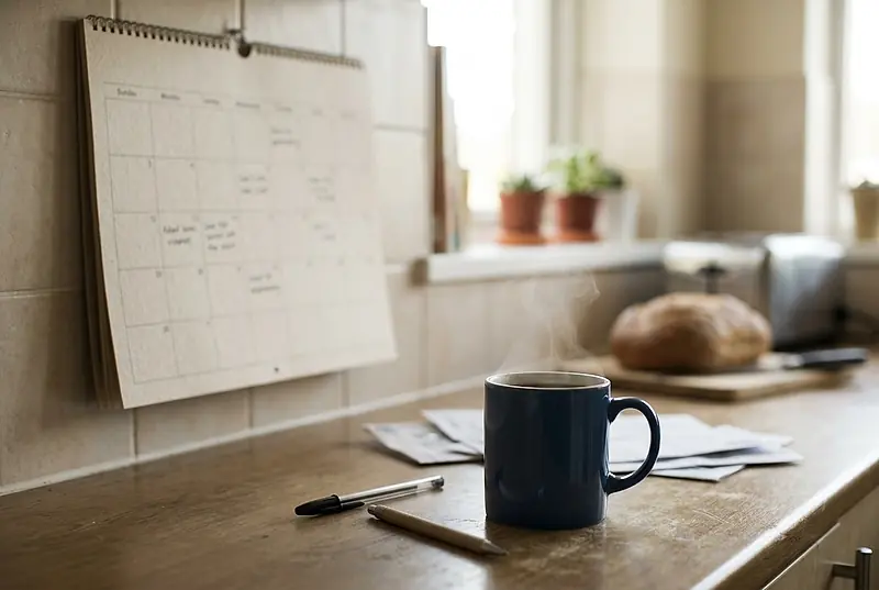 A wall calendar and a pen beside a mug of coffee on a kitchen counter.