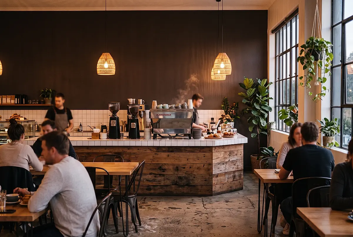 The Kettle & Crow room in the evening: a tiled counter, espresso machine, wooden tables and pendant lights.