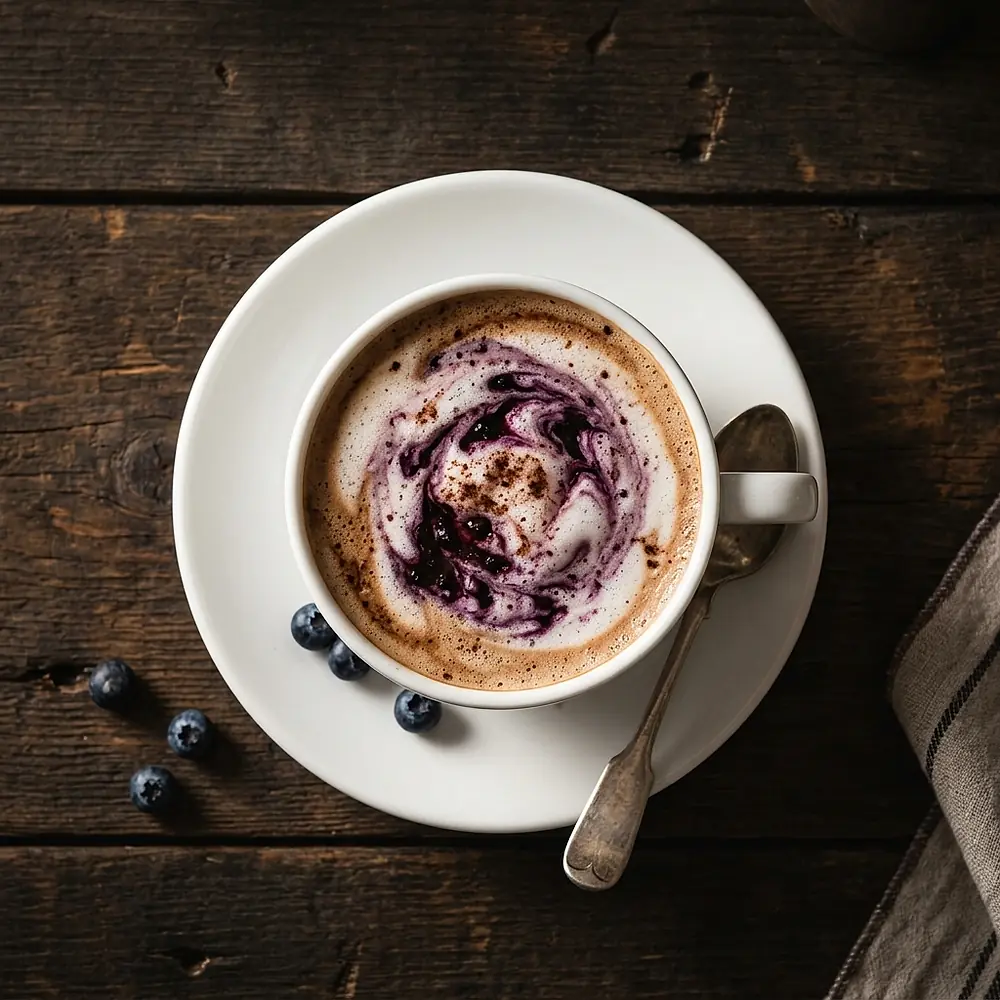 A huckleberry mocha in a white cup, berry swirled through the foam.