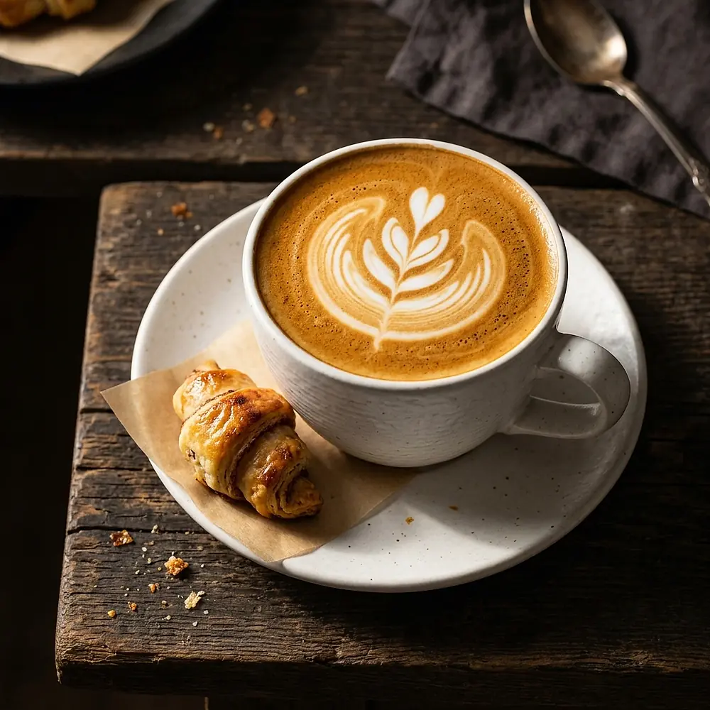 A brown butter latte with a rosetta in the foam, beside a pastry.
