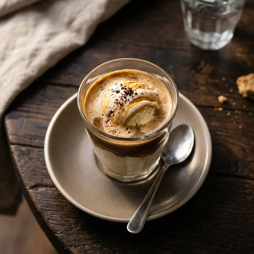 An affogato in a glass, hot espresso poured over vanilla gelato.