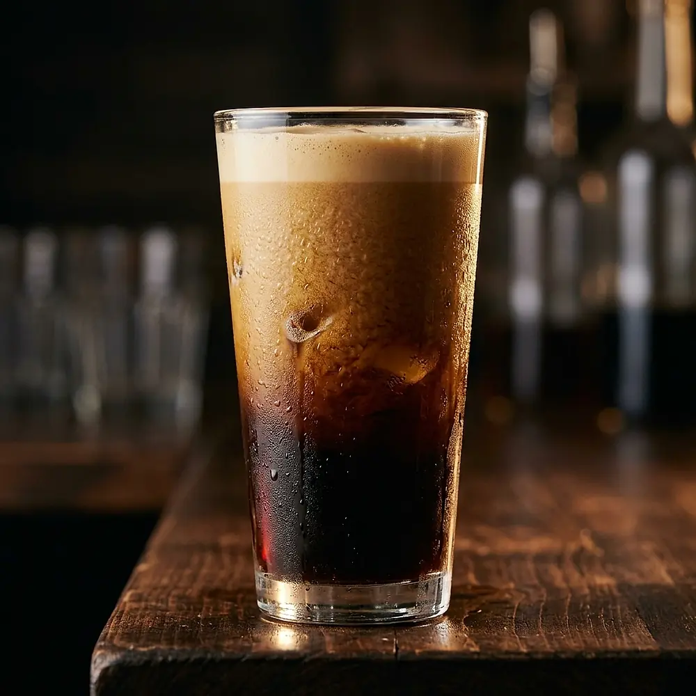 Nitro cold brew in a tall glass, creamy foam settling on top.