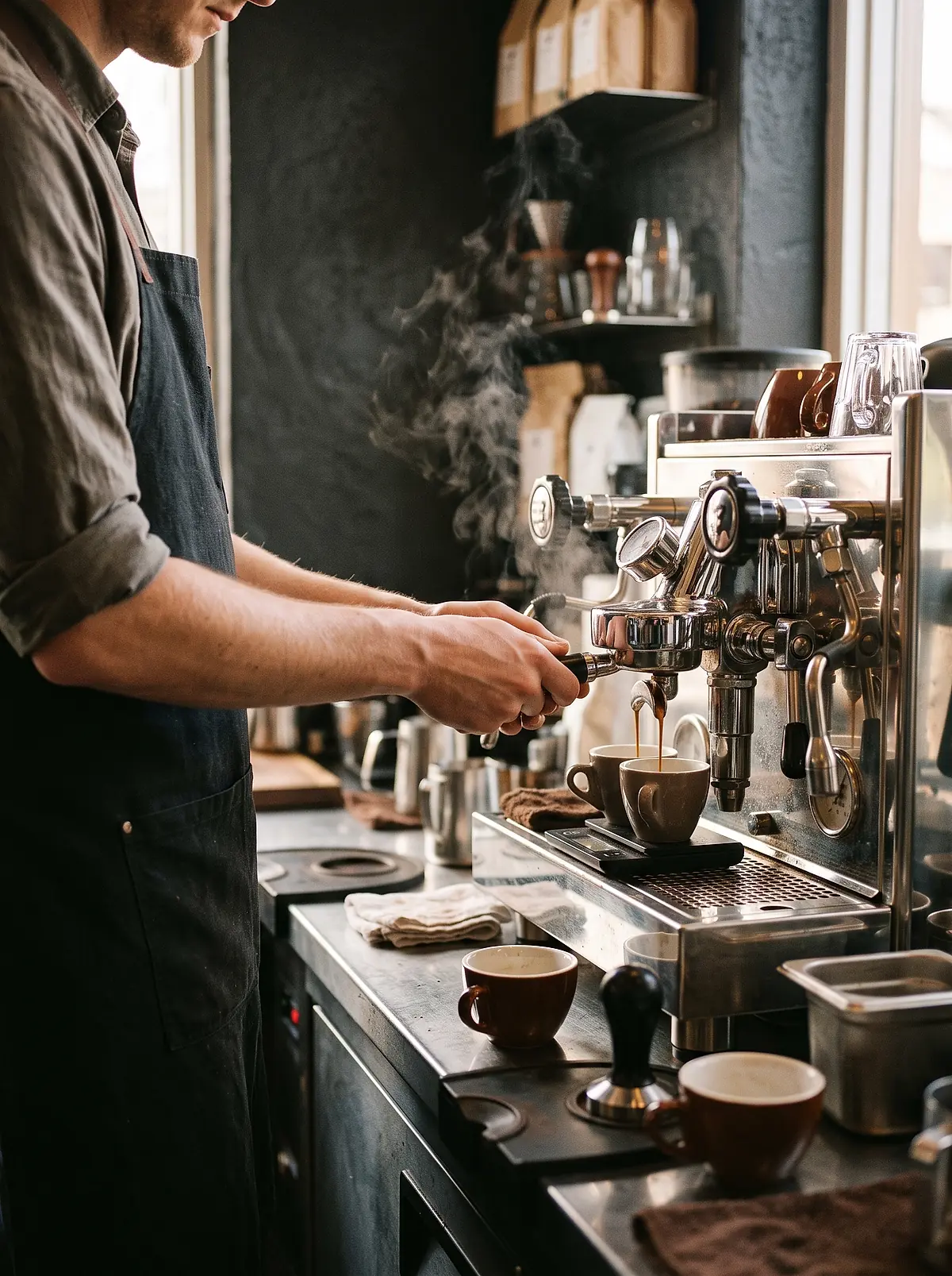 A barista at the Kettle & Crow counter pulling a double shot behind the espresso machine.