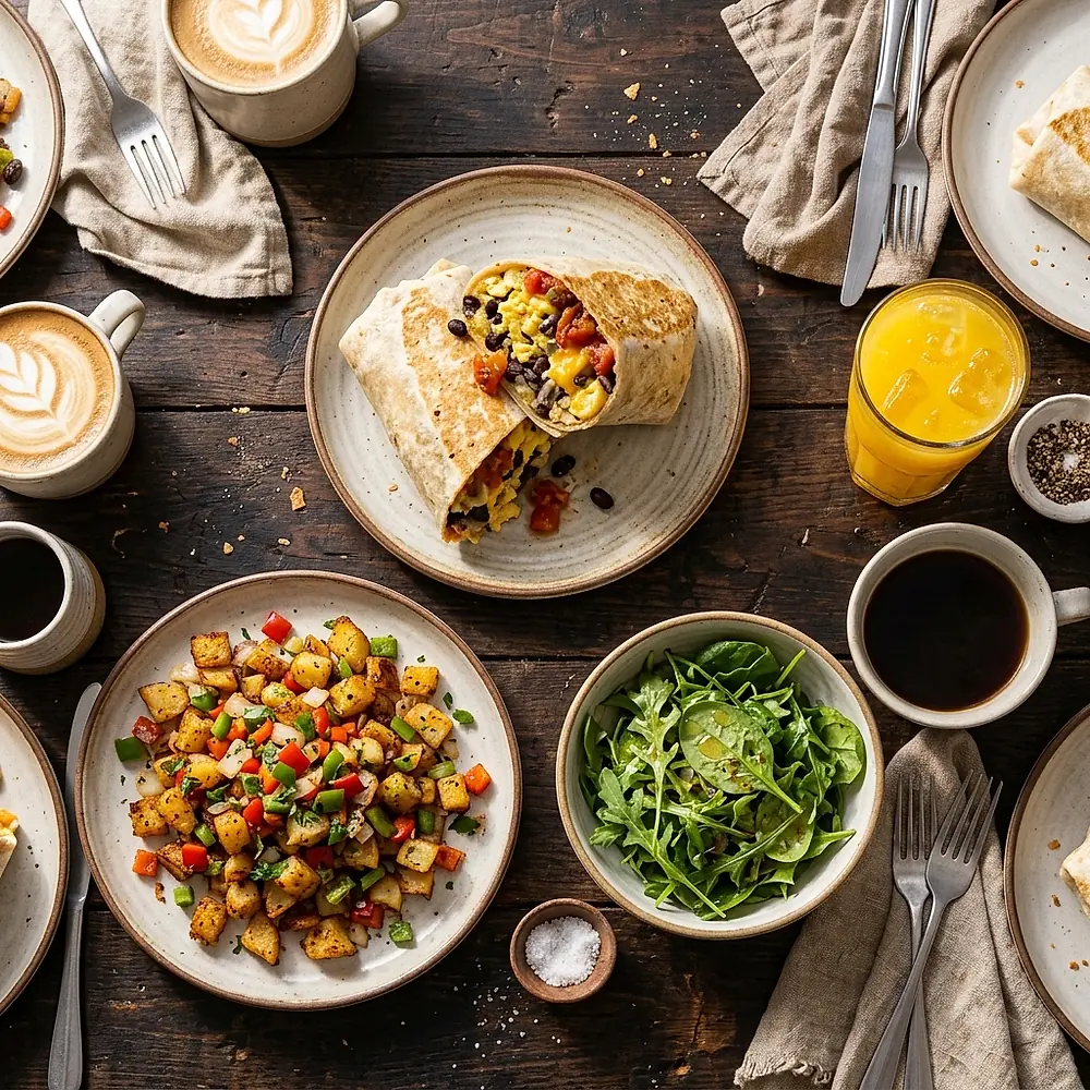 A table laid with breakfast plates, bowls and coffee cups.