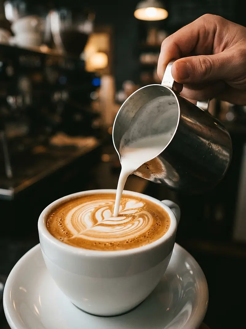 Milk poured from a jug into a cup, a rosetta forming in the crema.