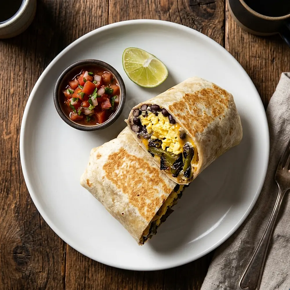 A breakfast burrito cut open on a plate, with salsa.
