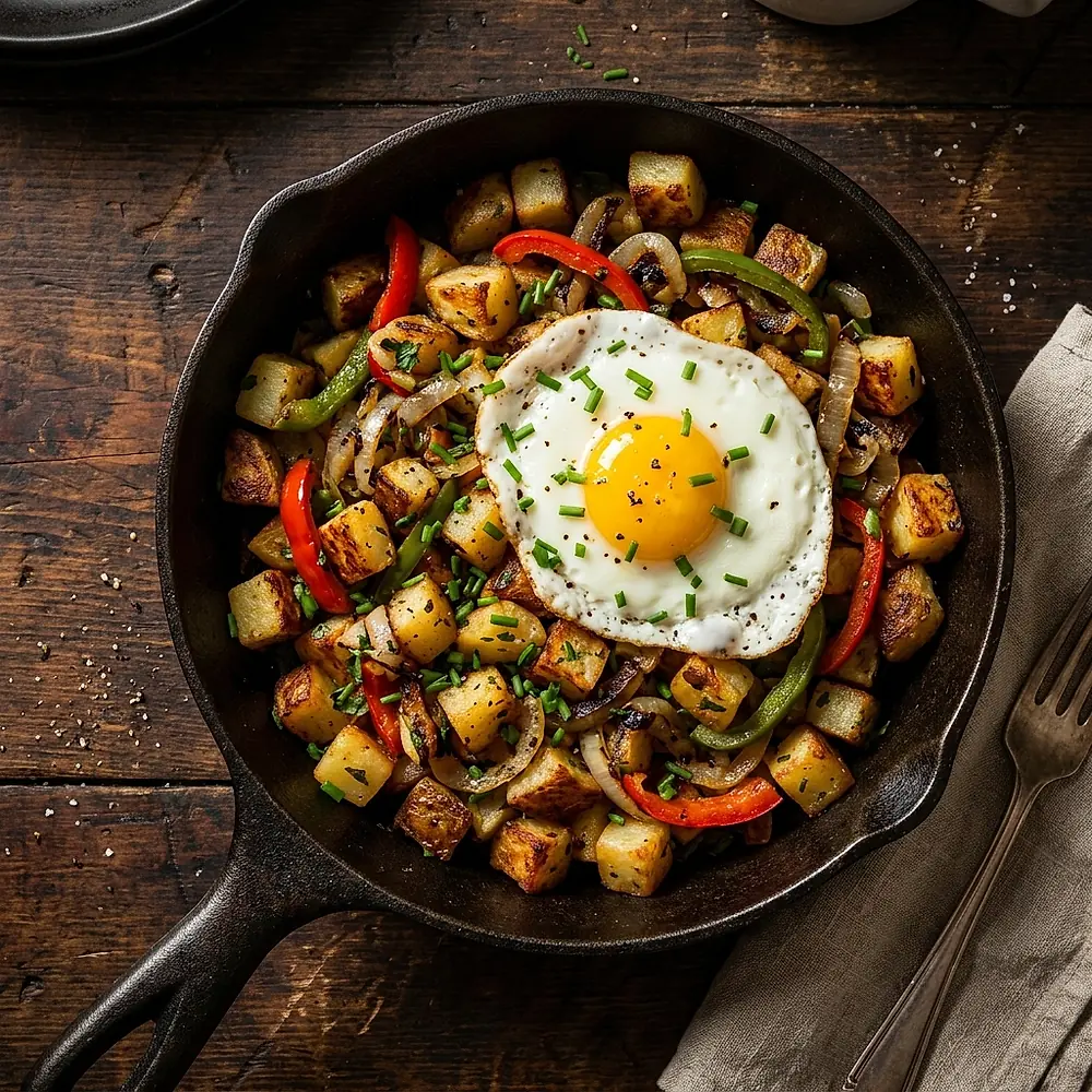 Idaho potato hash in a skillet with a fried egg on top.