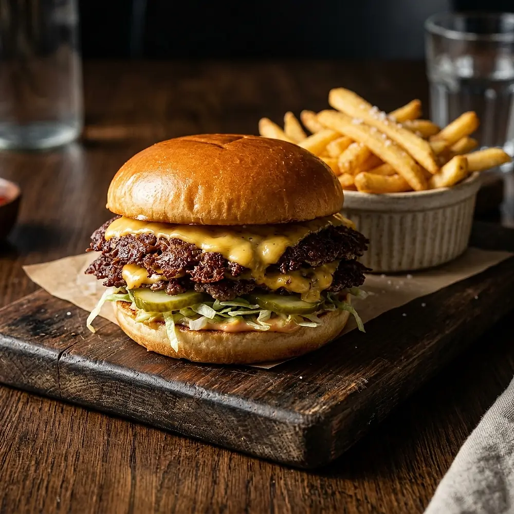 A smash burger on a wooden board with fries behind it.