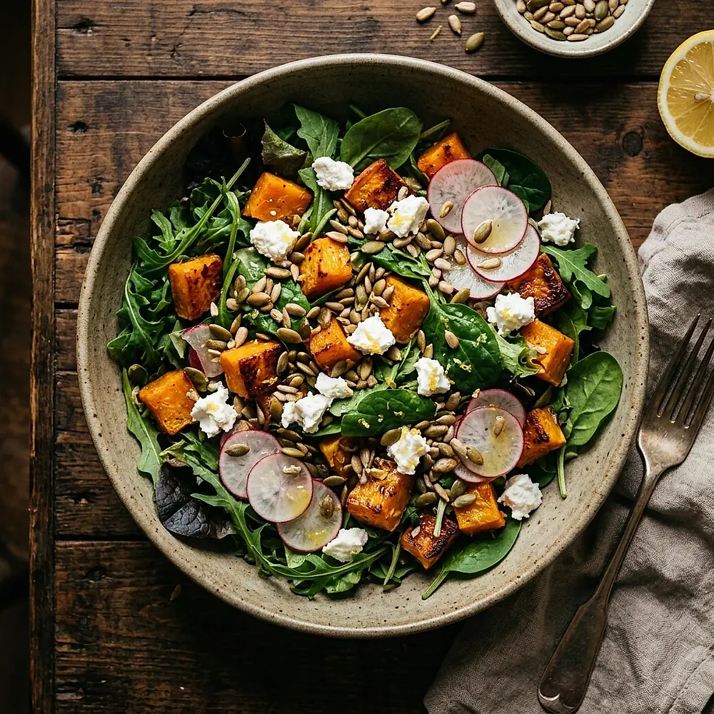 A big salad bowl with roasted squash, seeds and a lemon dressing.