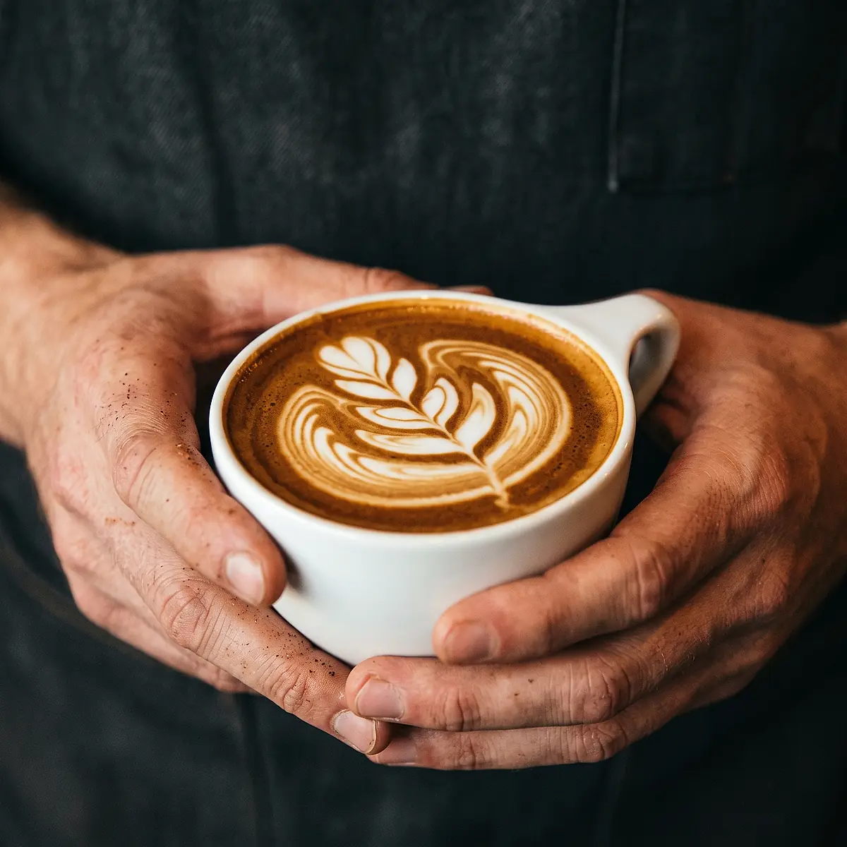 Hands holding a cup of coffee with a rosetta poured into the crema.