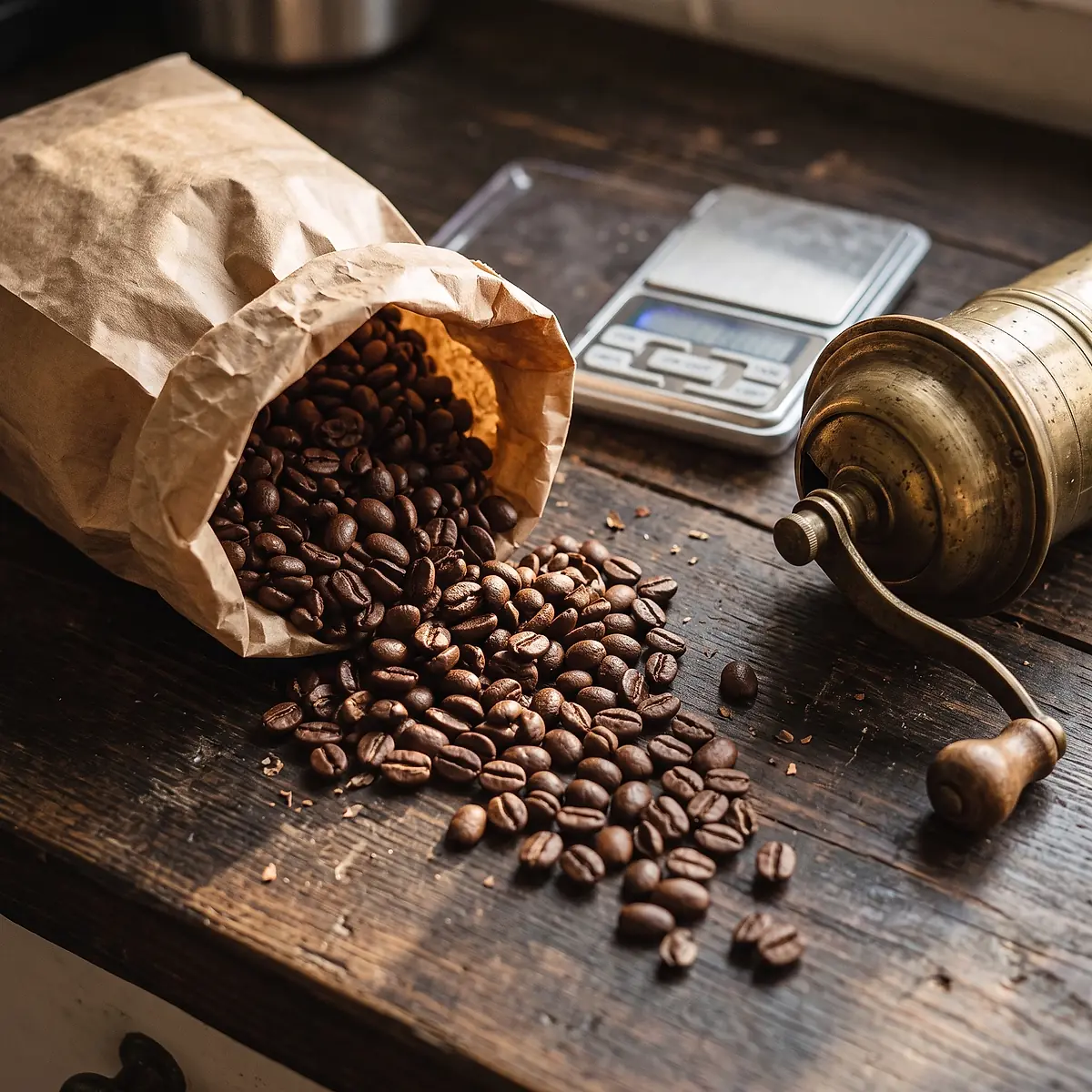 Roasted coffee beans spilled across the counter beside the grinder.