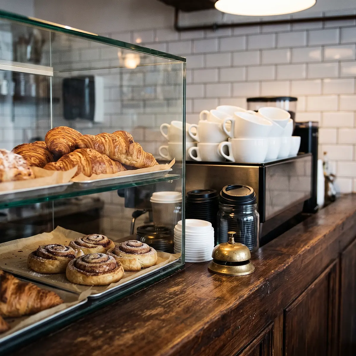 The pastry case, stacked cups and takeaway lids at the counter.